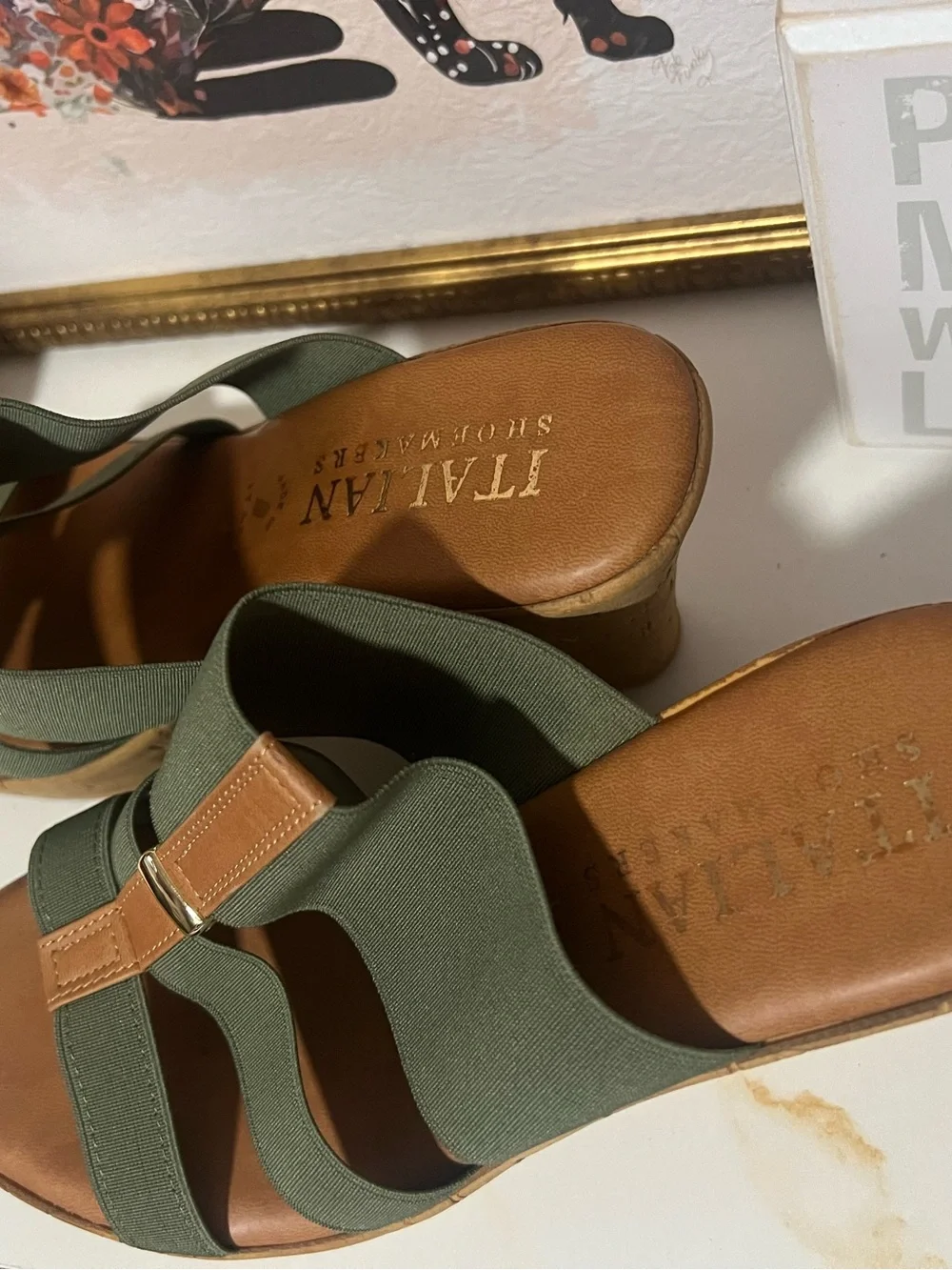 Italian Shoemakers Olive Green and Tan Wedge Sandals